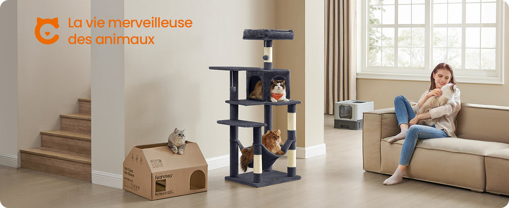 Feandrea Cat Tree, 143 cm Cat Tower for Indoor Cats, Multi-Level Plush Cat Condo with 4 Scratching Posts, 2 Perches, Cave