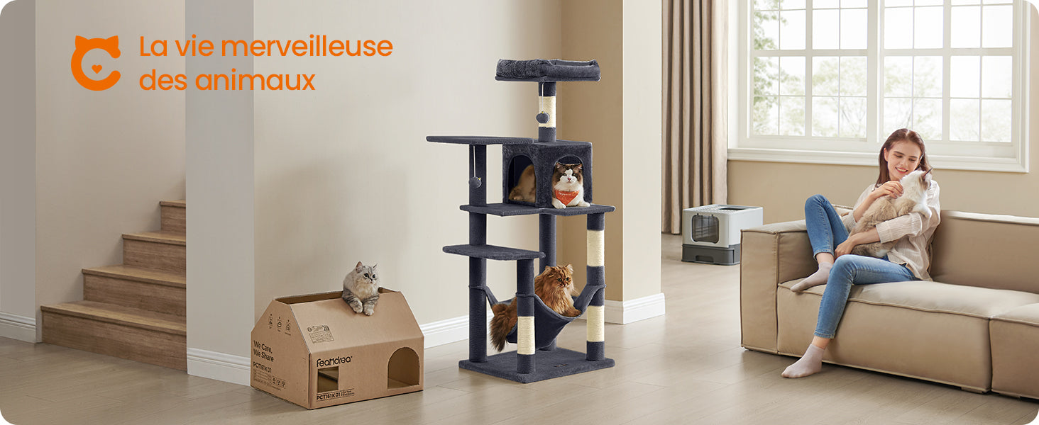 Feandrea Cat Tree, 143 cm Cat Tower for Indoor Cats, Multi-Level Plush Cat Condo with 4 Scratching Posts, 2 Perches, Cave