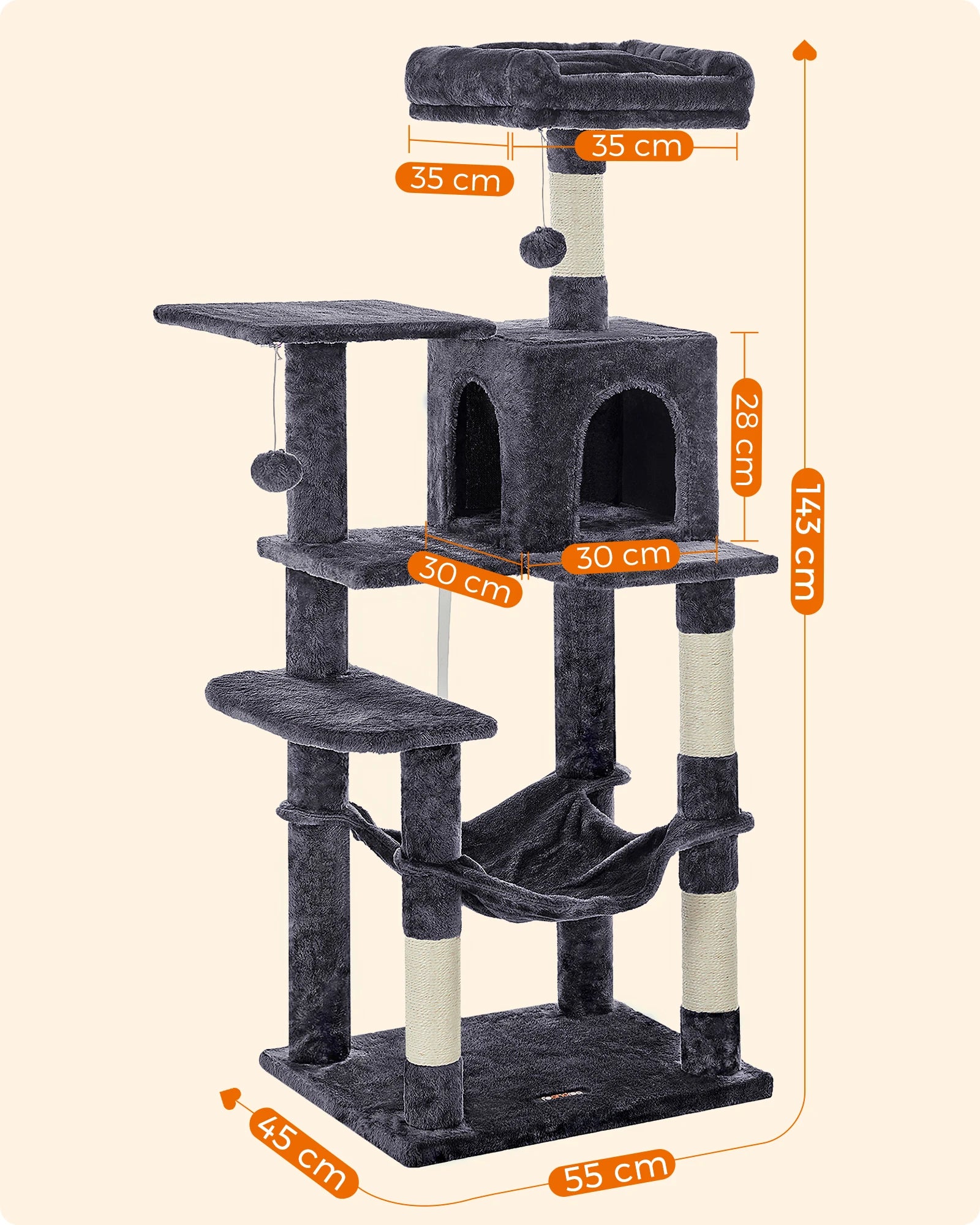 Feandrea Cat Tree, 143 cm Cat Tower for Indoor Cats, Multi-Level Plush Cat Condo with 4 Scratching Posts, 2 Perches, Cave